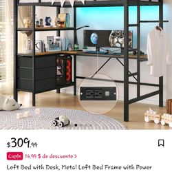 Loft Bed with Desk, Metal Loft Bed Frame with Power
Socket and LED Light, Desk with Drawers, Space Saving.,Black
