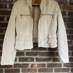 Judy Crowell M pink chic pleather windbreaker jacket full zipper pockets frills gorgeous!