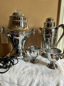 Vintage Coffee Percolator, Cream And Sugar Serving Pieces And Tea Pot