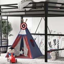 Junior Loft Bed Twin Size, Heavy Duty Twin Bed Frame with Full-Length Guardrail & Removable Stairs, Noise-Free,    Size Twin Loft Material M