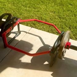 Red CAP Olympic Hex Trap Bar + Two 35 lbs Plates + Matching Red Clamps – LIKE NEW!