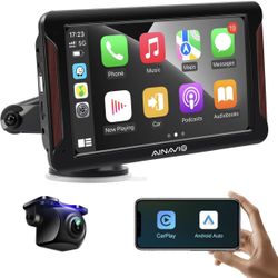 Portable Wireless Apple Carplay Android Auto Car Stereo with Backup Camera, Drive Play Screen for Cars, Bluetooth, GPS Navigation, FM, AUX, Mirrorlink