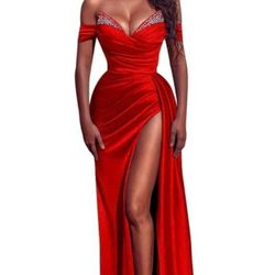 Red satin Prom Dresses for Women Mermaid Rhinestone Formal Dresses Off Shoulder Evening Gowns with Slit
