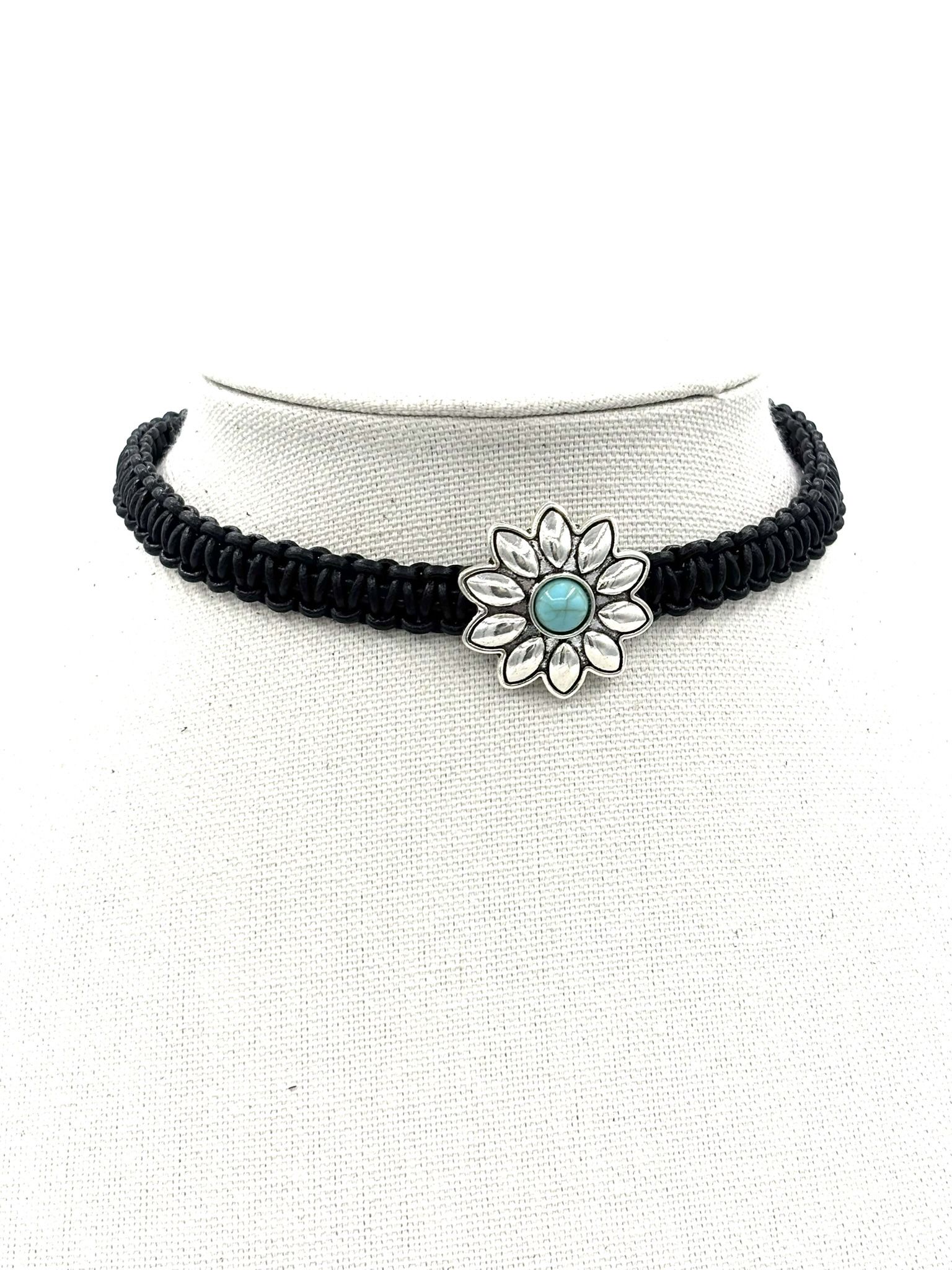 Black Leather Choker Necklace With Flower Pendant 13+”