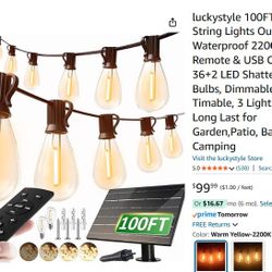 100FT Solar String Lights Outdoor Waterproof 2200K with Remote & USB Charging