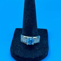 Men’s Aquamarine CZ Sterling Silver Gold Overlay Prong Set Size 9.5 & 3.44 Grams Great Condition 