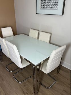 Modern Glass Dining Table Set - 6 Chairs, White & Chrome $500