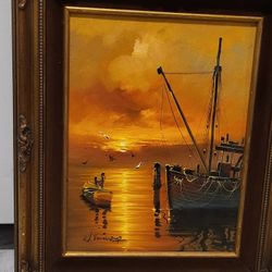 W. Vennekamp Sail Boat At Dock Oil On Canvas Sunset Seascape  Painting