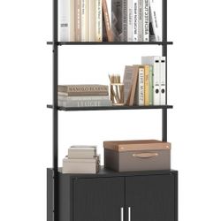 72.5" Ladder Bookshelf with Cabinet, 5-Tier Tall Wall-Mounted Shelf w/Storage, Modern Style Kitchen Open Shelving Organizer, Heavy-Duty Metal Frame 