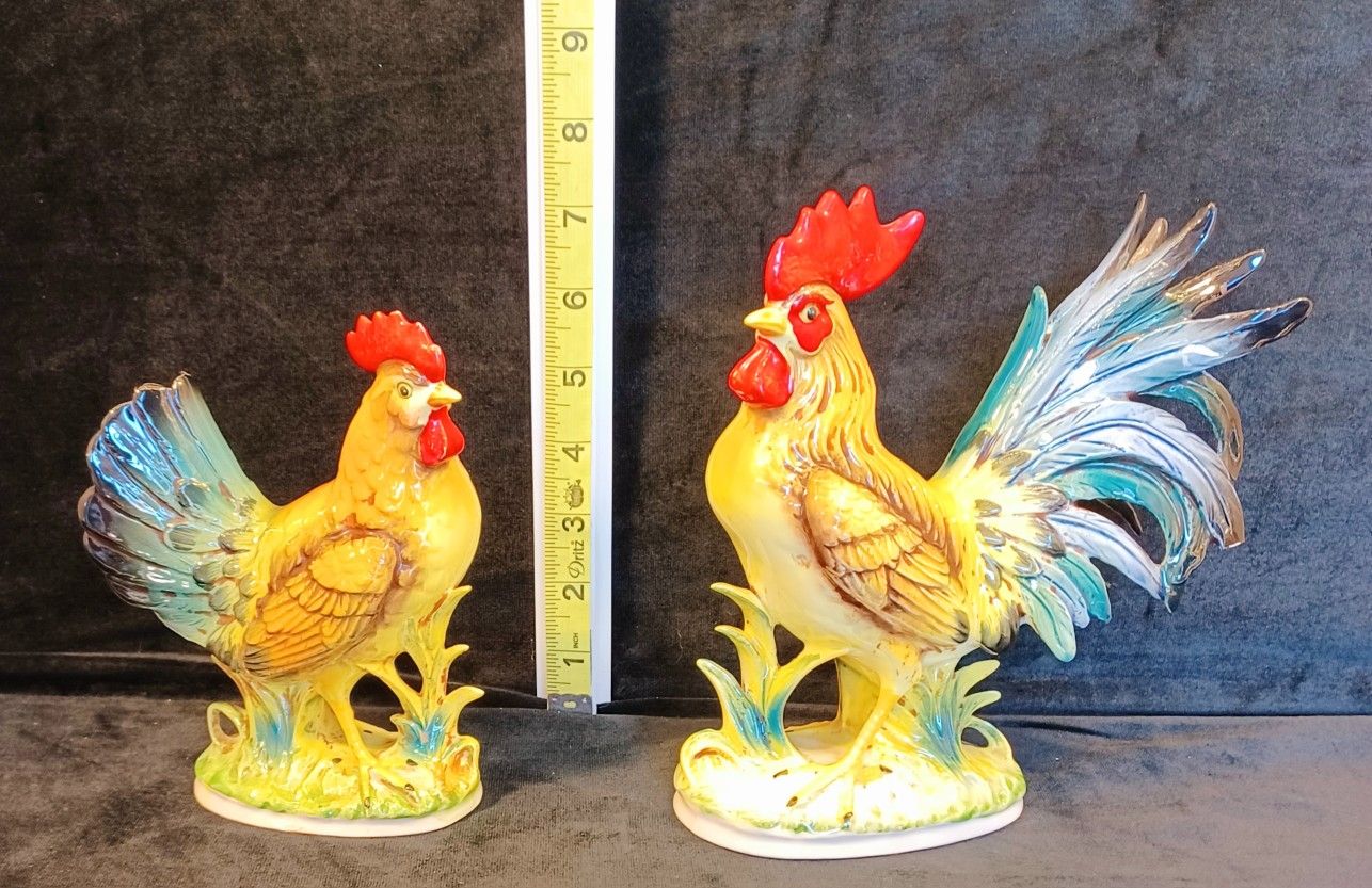 Vintage Hen & Rooster Ceramic Figurines