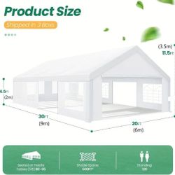 20x30ft Heavy Duty Party Tent, White Wedding Tent, Carport, Festival Tent with 6 Detachable Sidewalls, Waterproof