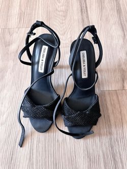 Black strappy heels with rhinestone detail