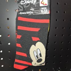 Disney Mickey Mouse socks with red/black stripes and yellow Mickey head graphic