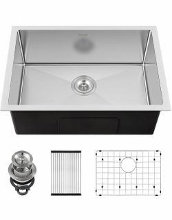 25-inch Undermount Kitchen Sink, SINKVINE Stainless Steel Single Bowl 25x18 Prep Sink for Outdoor Kitchens, Laundry Rooms and RVs with Bottom Grid, 3.
