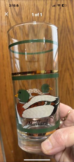 This is a vintage Libbey Mallard Duck highball glass tumbler with green and gold bands.
