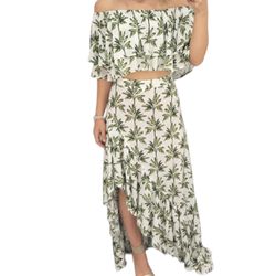 Show me your MuMu palm leaf printed 2pc long skirt and off shoulder crop top