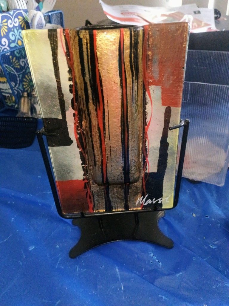 Beautiful  Fused Modern Art Glass Pocket Vase With Black Stand