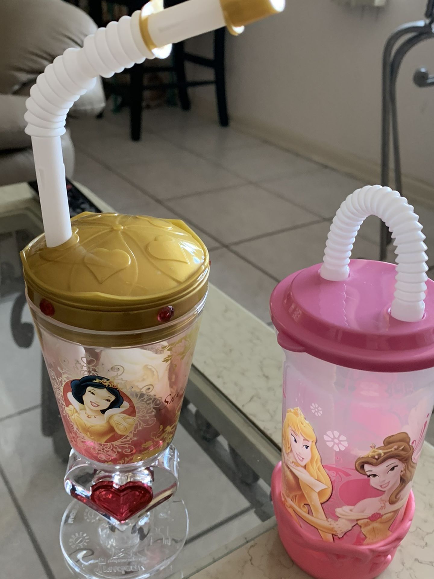 NEW DISNEY PRINCESS PLASTIC CUPS Snow White Princess Aurora, Belle, Cinderella.  New never used.  Both for $10