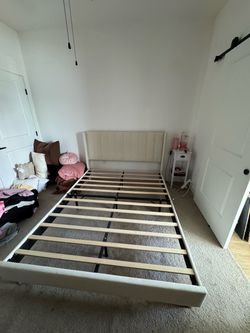 Queen Upholstered Bed Frame + Headboard – Excellent Condition