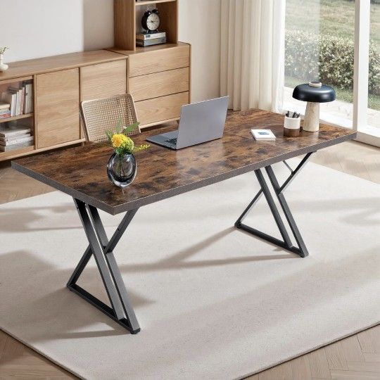 70.9Inch Office Desk, Executive Office Desk,Modern Industrial Style, Z-Shaped Table Legs, Country Black Wood Grain Top, for Home Office, Study, Confer