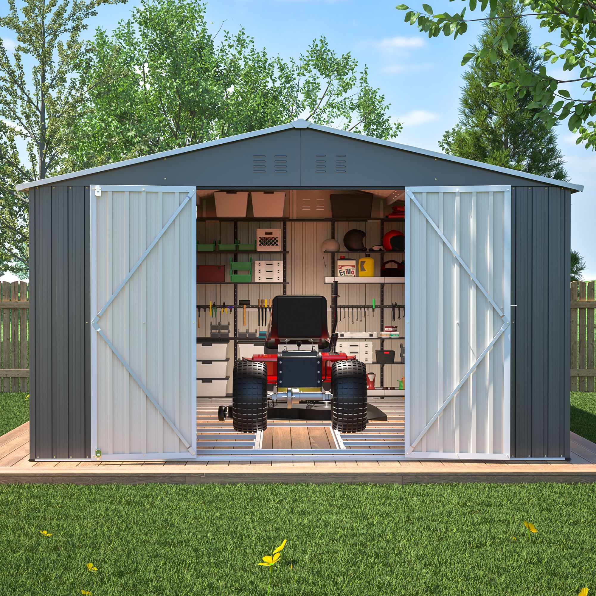 11x13 FT Metal Storage Shed with Reinforced Floor Frame Large 140.5 ft² Outdoor Garden Tool House Lockable Doors & 4 Air Vents Weatherproof Patio Back