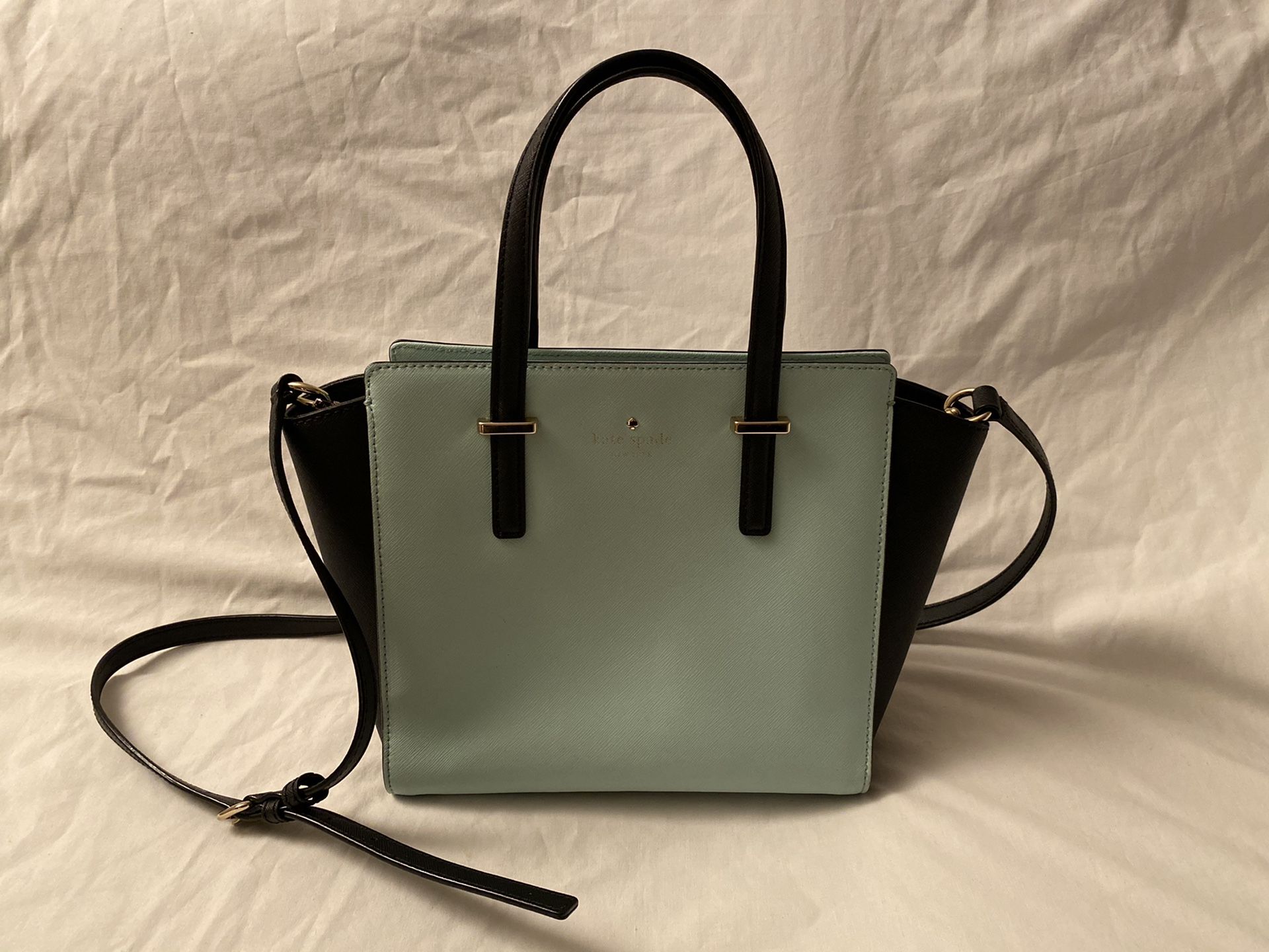 Beautiful Kate Spade Cedar Street tiffany-blue and black medium satchel purse hand bag cross-body like new
