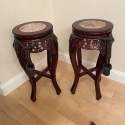 Set Of 3 Rosewood Carved Tables With Inlaid Marble And 2 Tassels 