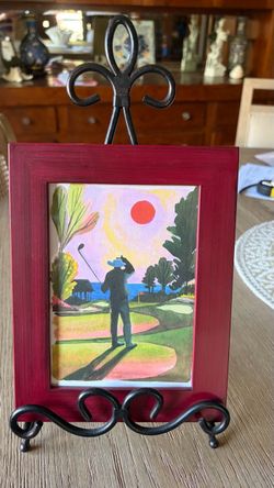 Vintage Style Golfer Sunset Landscape Art Print in Brushed Maroon Frame, 7” x 9”