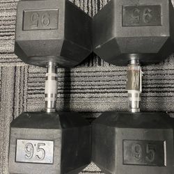 New Pair of 95 lb Rubber Hex Dumbbells
