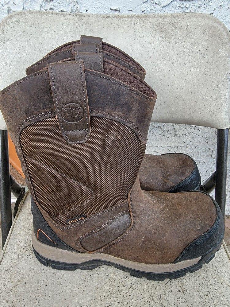 10.5 Brahma Mens Leather Work Boots Rocher Wellington Steel Toe Oil Slip Resist Brown
