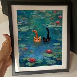 Cute Cat Art Print - Monet WaterCute Cat Art Print - Monet Water Lilies Inspired 
