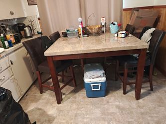 Marble and real wood kitchen table & 4 bar height chairs