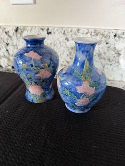 Lot Of 2 Charming Blue With Pink Flowers Ceramic Vases