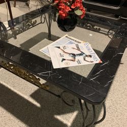 Marble With Beveled Glass Insert Topped Wrought Iron Coffee Table 