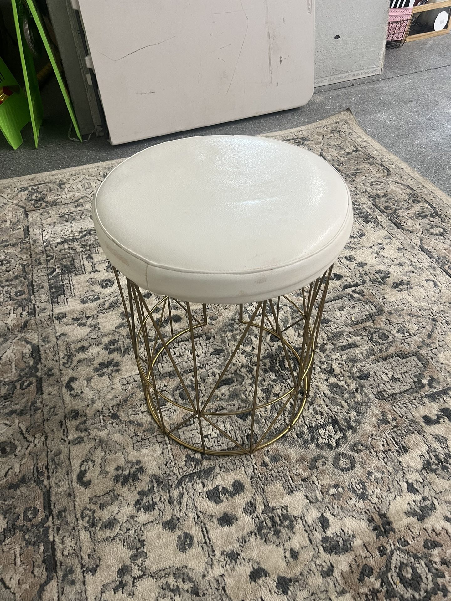 Stool, White Vinyl With Brass Base