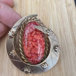 Vintage Sandor Co. Brooch | Gold Tone Crescent & Floral Design | Red Marbled Glass Cabochon | Mid-Century Costume Jewelry