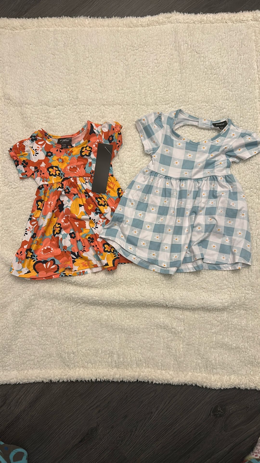 PatPat Floral and Checkered Kids Dress Set - Orange and Blue