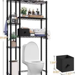 🥨REIBII Over The Toilet Storage Cabinet, 6 Tier Over The Toilet Shelf with Adjustable Feet, Bathroom Over Toilet Storage with 4 Hooks & 2 Paper Holde