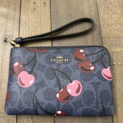 Coach Corner Zip Wristlet In Signature Canvas With Cherry Print