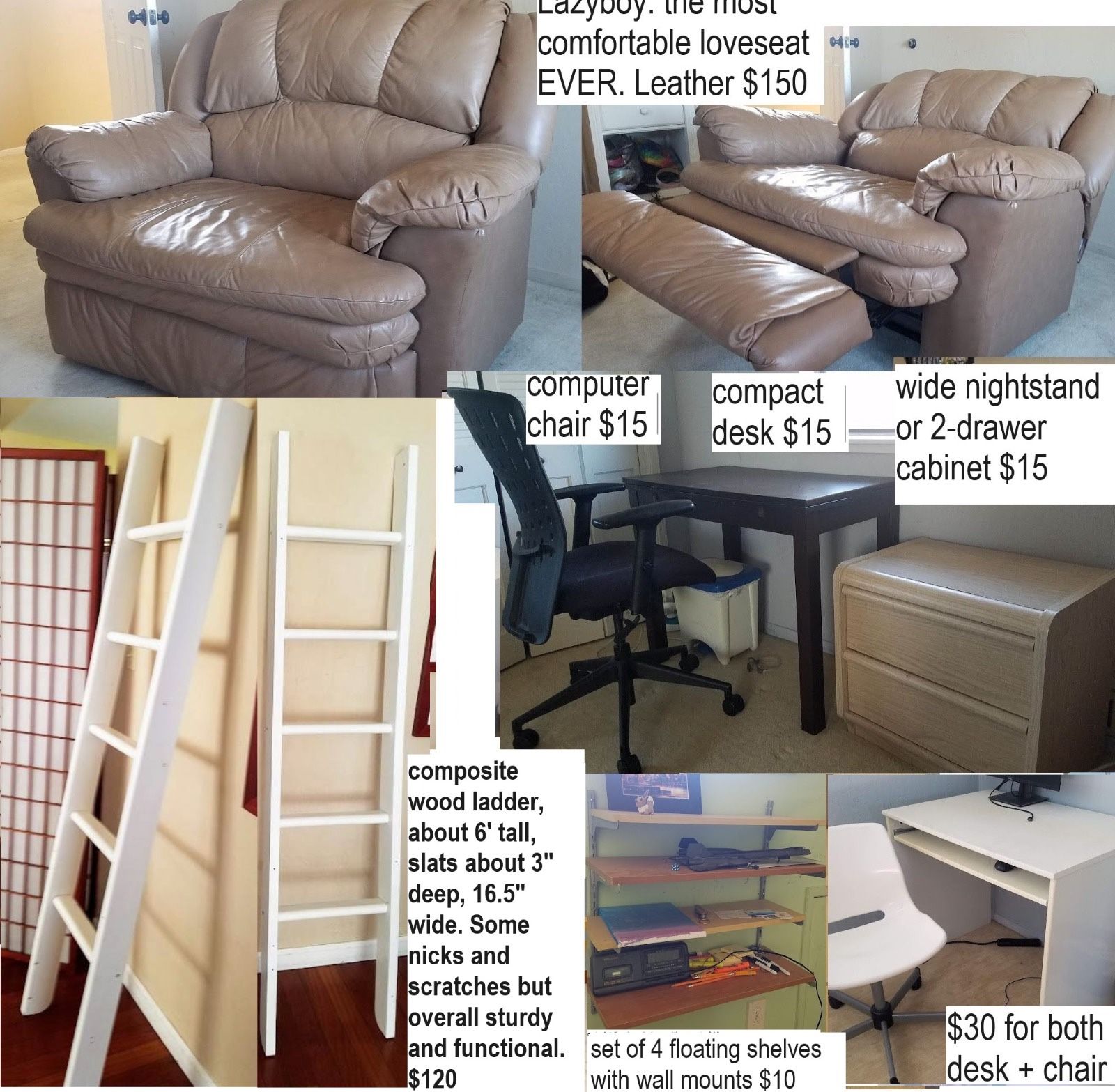 Lazyboy leather loveseat recliner chair, nightstands cabinets, small desk+chair, wall mount shelf