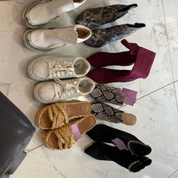 Top Two Pair Boot Size 7 , Top Two Right Pairs Size 10 & Sandals Size 10, Bottom Left Boots Size 8 , Sneakers Size 8 And A Half. 