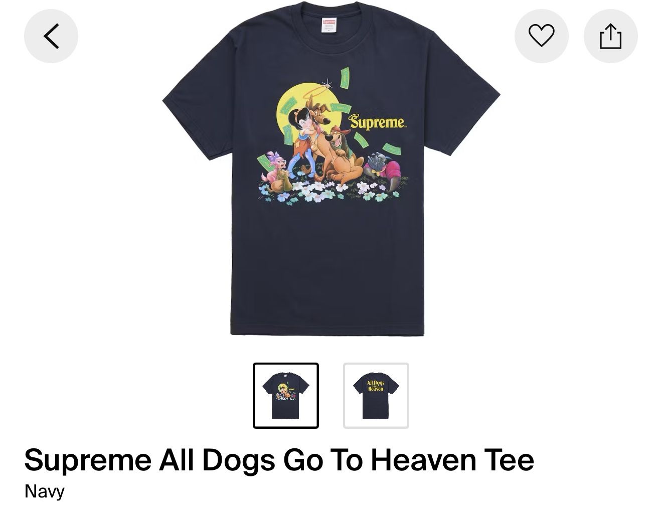 Supreme All Dogs Go to Heaven Tee XL NAVY