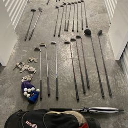 top flight,wilson/kp power/orlimar trimetal/alien pat simmons/taylor 25 Clubs   Item have some manageable rust  25 clubs included  Balls included  Use