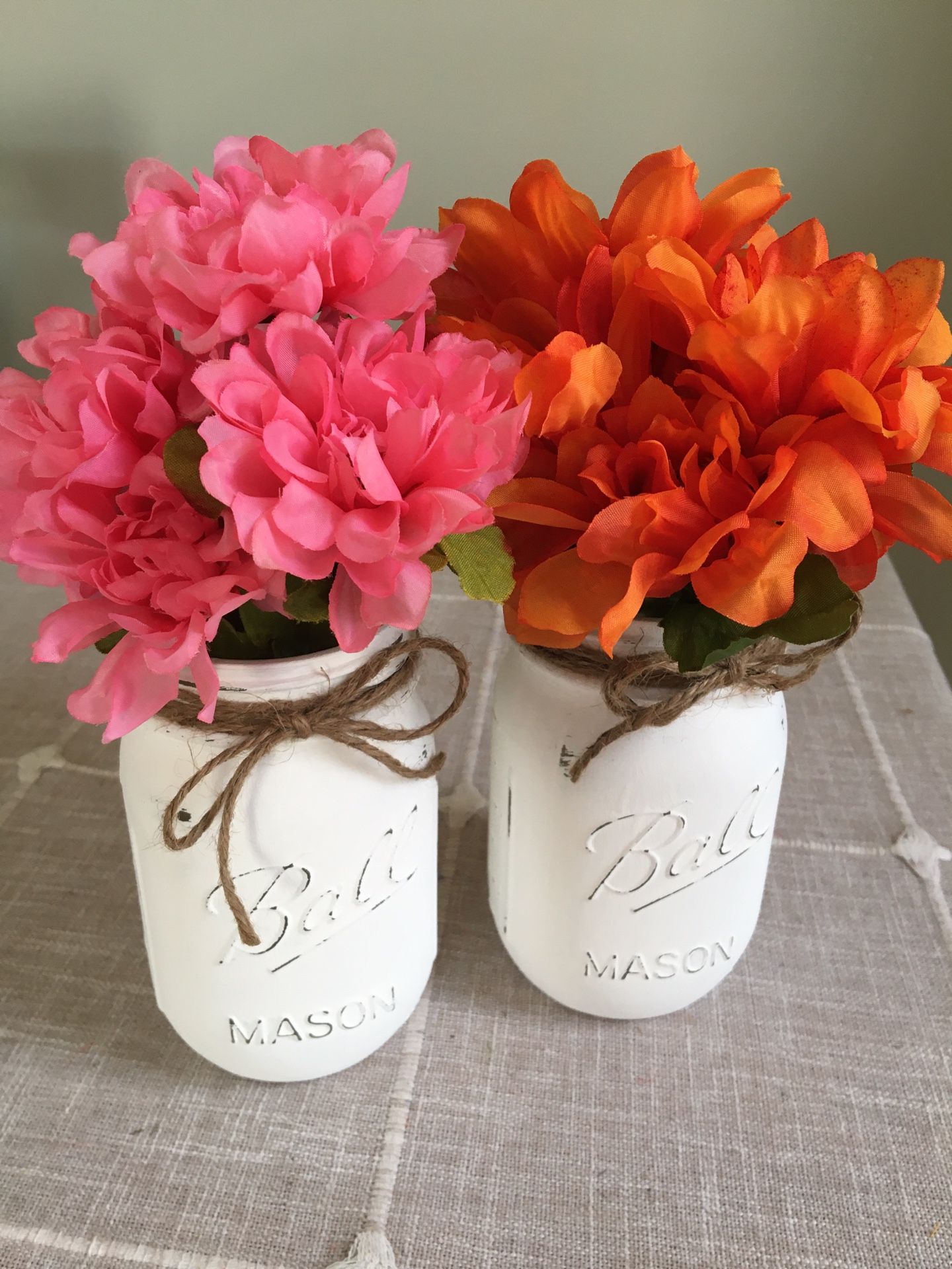 Distressed mason jar vases with silk flowers $10 for both