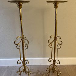 Vintage Hollywood Regency Gilt Metal Gold Candle Holders, Plant Stand - 26” Tall