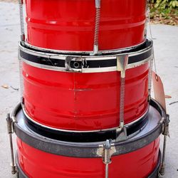 3 Piece Vintage Red Drum Set. Use as decoration (Side Table) or play.
