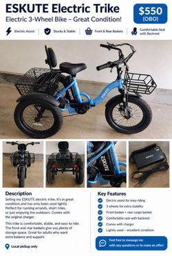 ESKUTE Electric Trike  Electric 3-Wheel Bike - Great Condition!