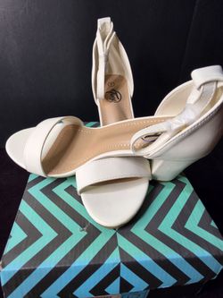 White Block Heel Ankle Strap Sandals