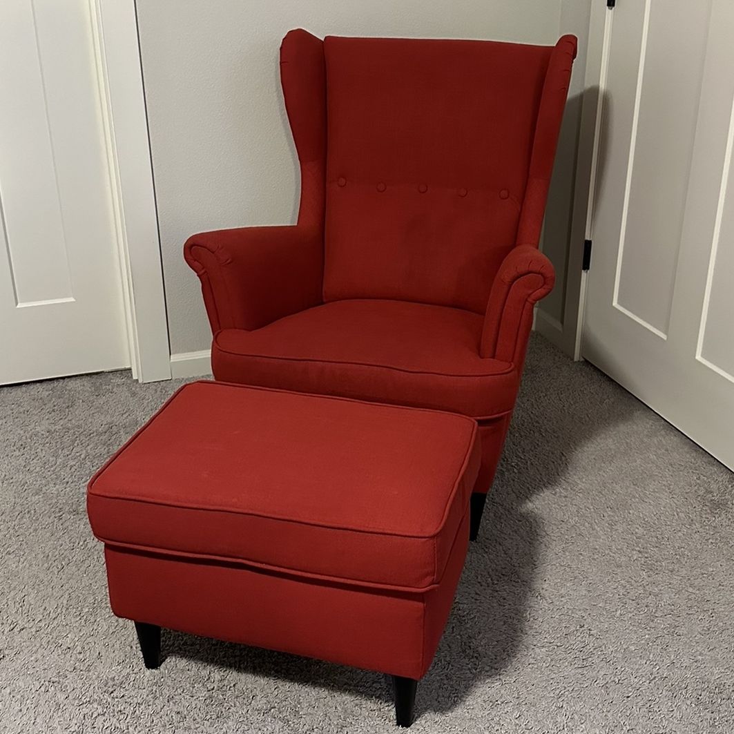 Red IKEA Strandmon Chair + Ottoman for Sale in Vancouver, WA - OfferUp