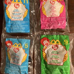 1999 McDonalds Toy 1993 Tag TY Nook The Husky, Chip The Cat, Rocket The Blue Jay & Claude The Crab Teenie Beanie Baby Plushes